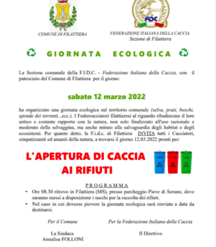Filattiera: sabato 12 marzo è aperta la caccia ai rifiuti - federazione italiana della caccia, Filattiera