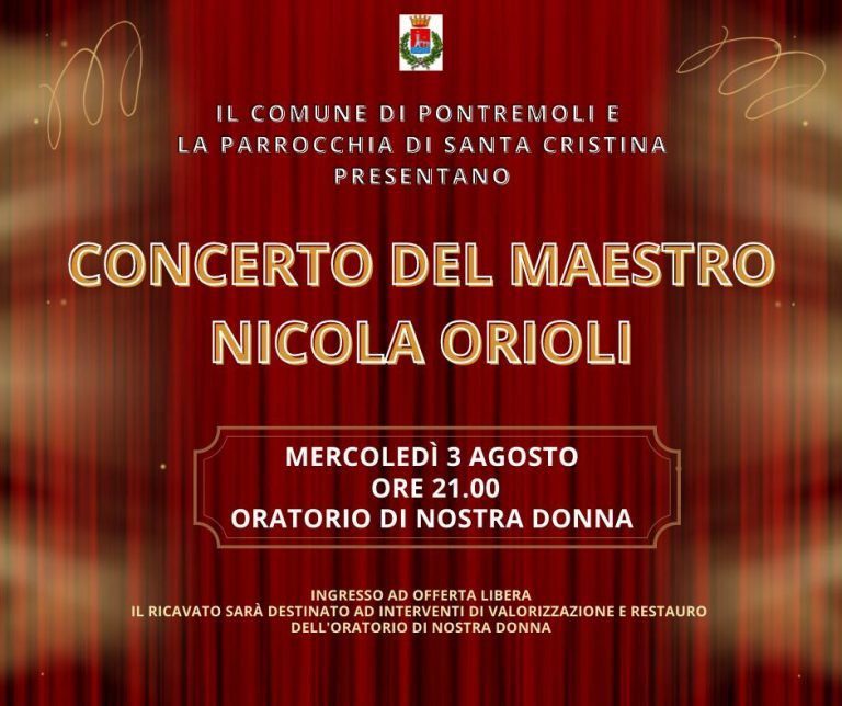Pontremoli: questa sera alle 21 il Maestro Orioli in concerto all’Oratorio di Nostra Donna