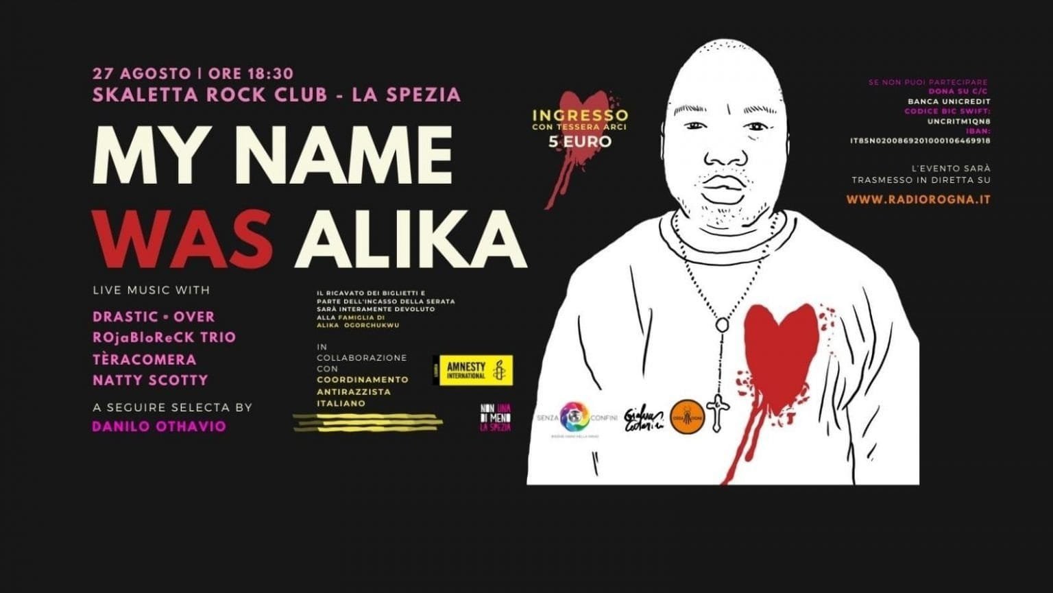 La Spezia: serata benefica a La Skaletta per la famiglia di Alika Ogorchukwu, ucciso in strada a Civitanova Marche - Alika Ogorchukwu, la spezia
