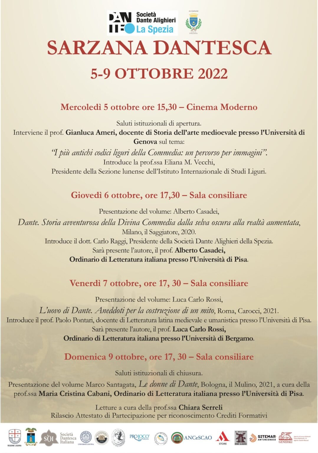 Sarzana Dantesca: da mercoledì 5 a domenica 9 ottobre settima edizione della rassegna dedicata al Sommo Poeta - sarzana dantesca