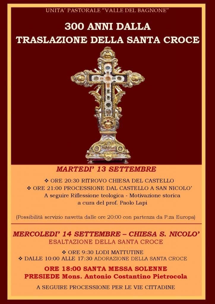 Bagnone: celebrazione dei 300 anni dalla Traslazione della Reliquia della Santa Croce a San Nicolò – Immagine dell'articolo Bagnone: celebrazione dei 300 anni dalla Traslazione della Reliquia della Santa Croce a San Nicolò - 300 anni traslazione santa croce, bagnone