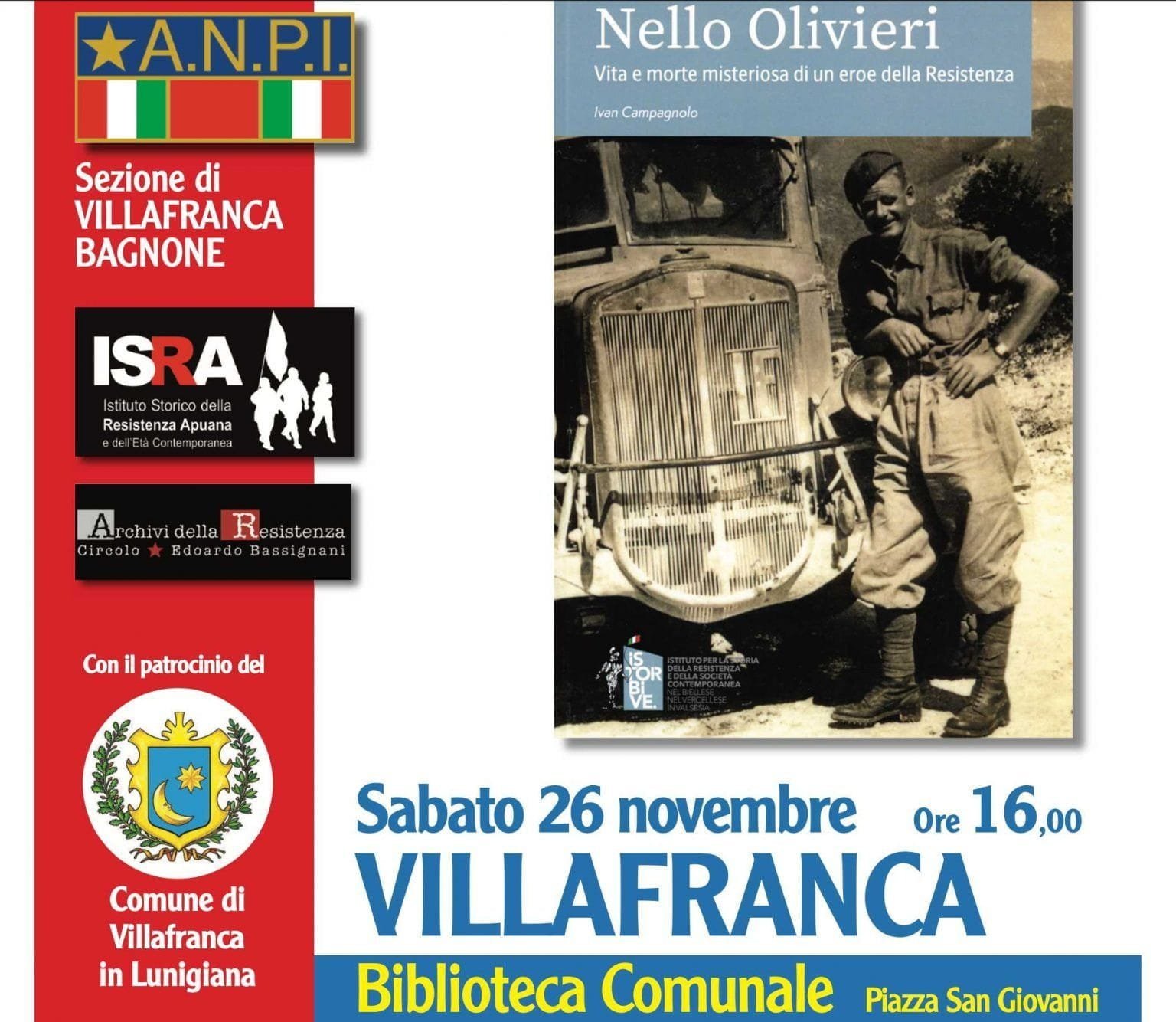 Sabato 26 novembre in biblioteca a Villafranca presentazione del libro sul partigiano villafranchese Nello Olivieri - isra, nello olivieri