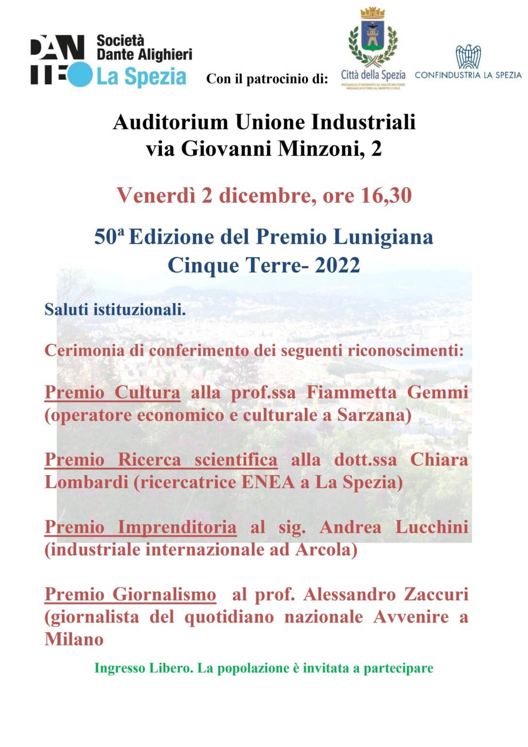 Premio Lunigiana Cinque Terre: i 4 vincitori nel nome di Dante - la spezia, premio lunigiana cinque terre