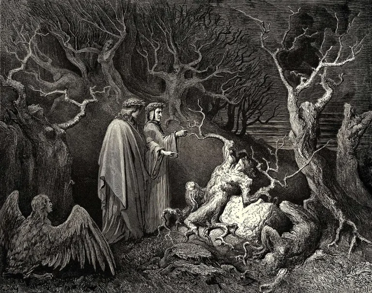 Dante e Virgilio incontrano Pier della Vigna nella Selva dei Suicidi nel XIII Canto dell'Inferno.