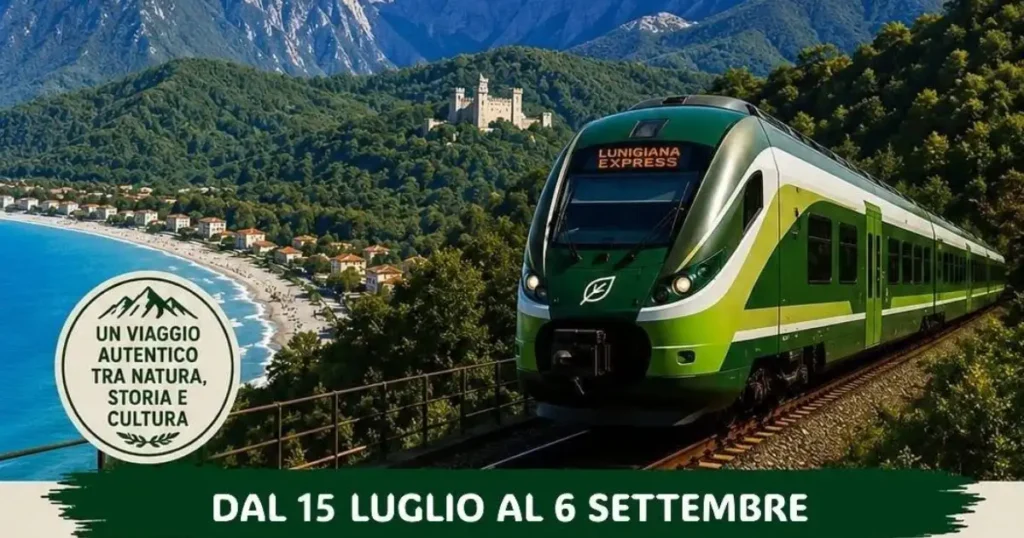 Treno regionale "Lunigiana Express" in transito sul viadotto della ferrovia Pisa-La Spezia, con vista sulle Alpi Apuane e il borgo di Equi Terme sullo sfondo