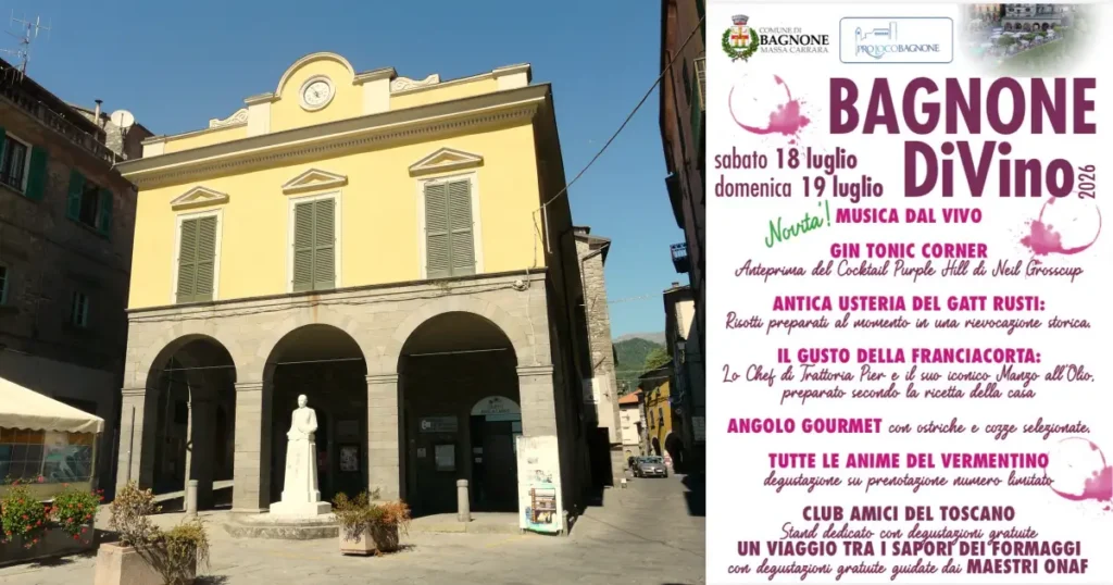 piazza centrale di bagnone e locandina di Bagnone di vino 2026