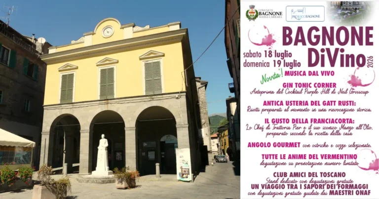 piazza centrale di bagnone e locandina di Bagnone di vino 2026