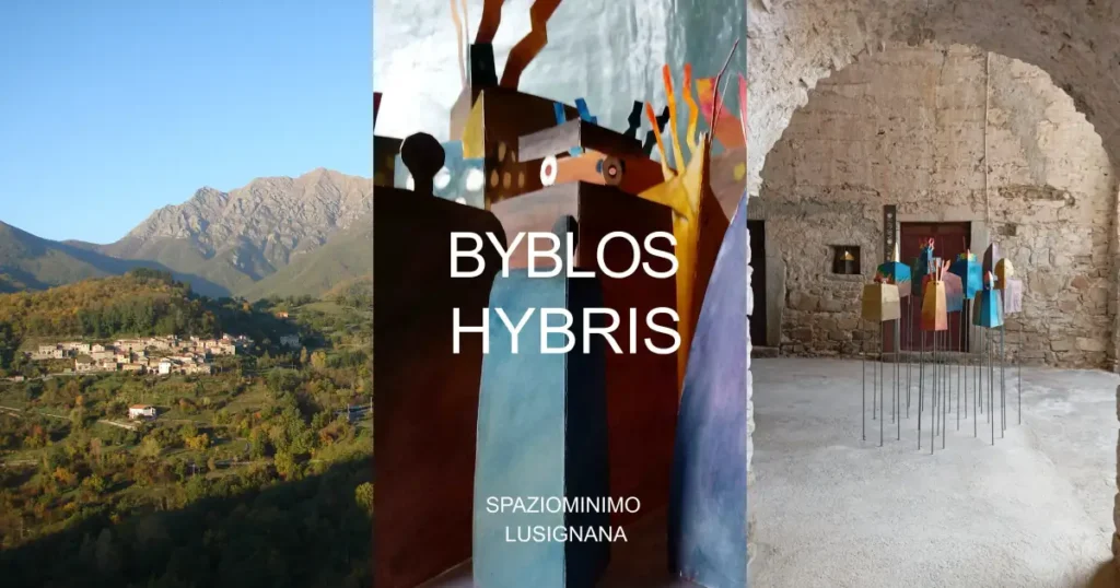 Foto e locandina di Lusignana durante Spaziominimo 2026, borgo di Filattiera