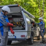 Operai E-Distribuzione al lavoro per l'interramento di una dorsale elettrica nel comune di Fivizzano, Lunigiana