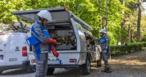 Operai E-Distribuzione al lavoro per l'interramento di una dorsale elettrica nel comune di Fivizzano, Lunigiana