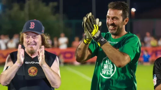 Zucchero Fornaciari e Gianluigi Buffon con la maglia della Lunisiana Soul durante la Partita del Cuore a Pontremoli